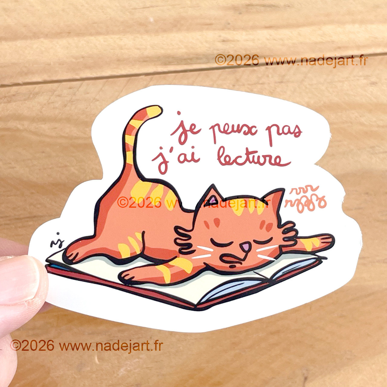 sticker en vynil blanc brillant avec un chat sur un livre ©2026 www.nadejart.fr