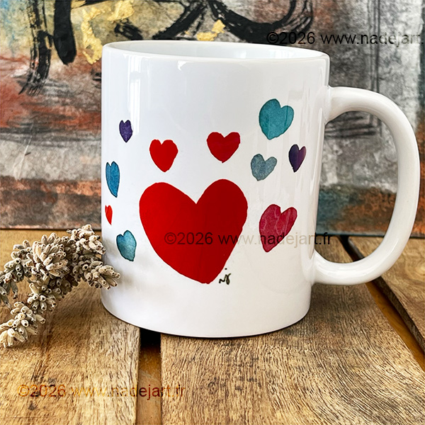Pack spécial fête des mères, fêtes des pères, anniversaire avec 1 tasse + 1 carte + 3 stickers, chat bleu et cœurs – Image 2