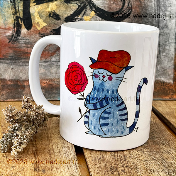 tasse avec un chat bleu d'un côté et des cœurs de l'autre côté. illustrations originales artiste indépendant