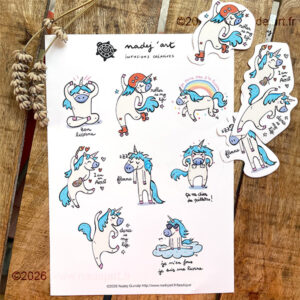 planche de stickers en vynile avec des licornes