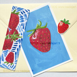 courrier artistique du mois de mai avec une carte, un sticker et deux marque pages - illustration artiste indépendant ©2026 www.nadejart.fr