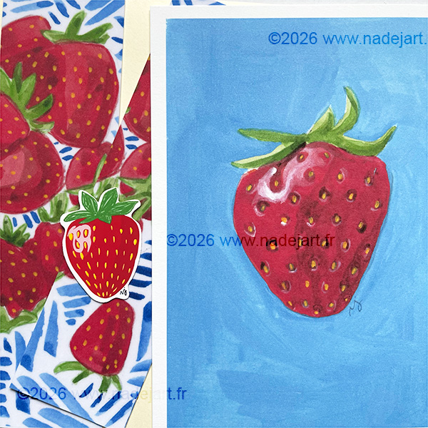 courrier artistique du mois de mai avec une carte, un sticker et deux marque pages - illustration artiste indépendant ©2026 www.nadejart.fr