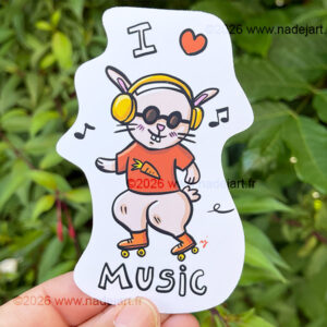 grand sticker en vynil blanc avec un lapin style humour qui écoute d ela musique et qui fait du roller©2026 www.nadejart.fr