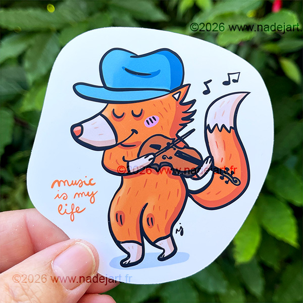 grand sticker en vynil blanc avec un renard style humour qui joue du violon ©2026 www.nadejart.fr