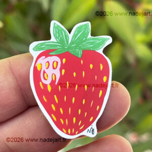 sticker en vynil blanc avec une belle fraise rouge ©2026 www.nadejart.fr