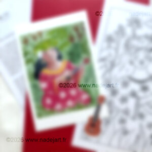 courrier artistique du mois de juin avec une carte, un sticker et un colo surprise- illustration artiste indépendant ©2026 www.nadejart.fr