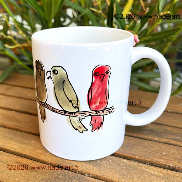 tasse en céramique blanche avec des oiseaux ©2026 www.nadejart.fr