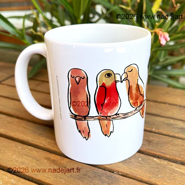 tasse en céramique blanche avec des oiseaux ©2026 www.nadejart.fr