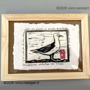 linogravure originale de goéland sur papier frangé ©2026 www.nadejart.fr